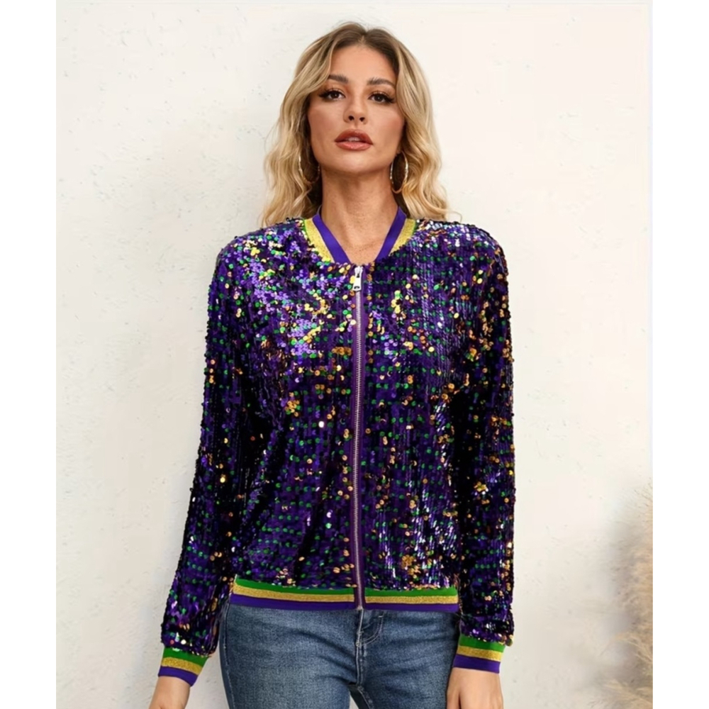 Purple, Green and Gold Sequins Mardi Gras Bomber Jacket